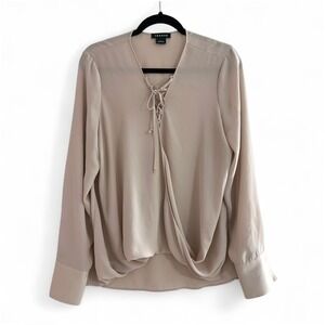 Trouvé Blush Beige Draped‎ Lace Up V-Neck Long Sleeve Sheer Blouse Women's Large